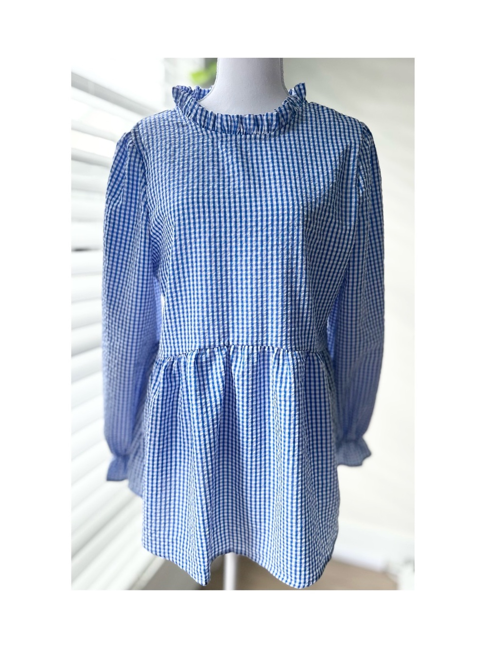 Blue Gingham Ruffle Neck Peplum Blouse